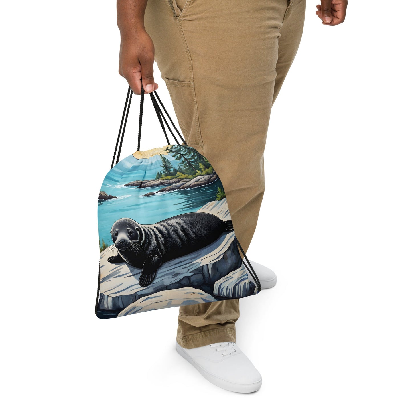Baby Seal On Rock Drawstring Bag - Drawstring Bag - Discovery Co.