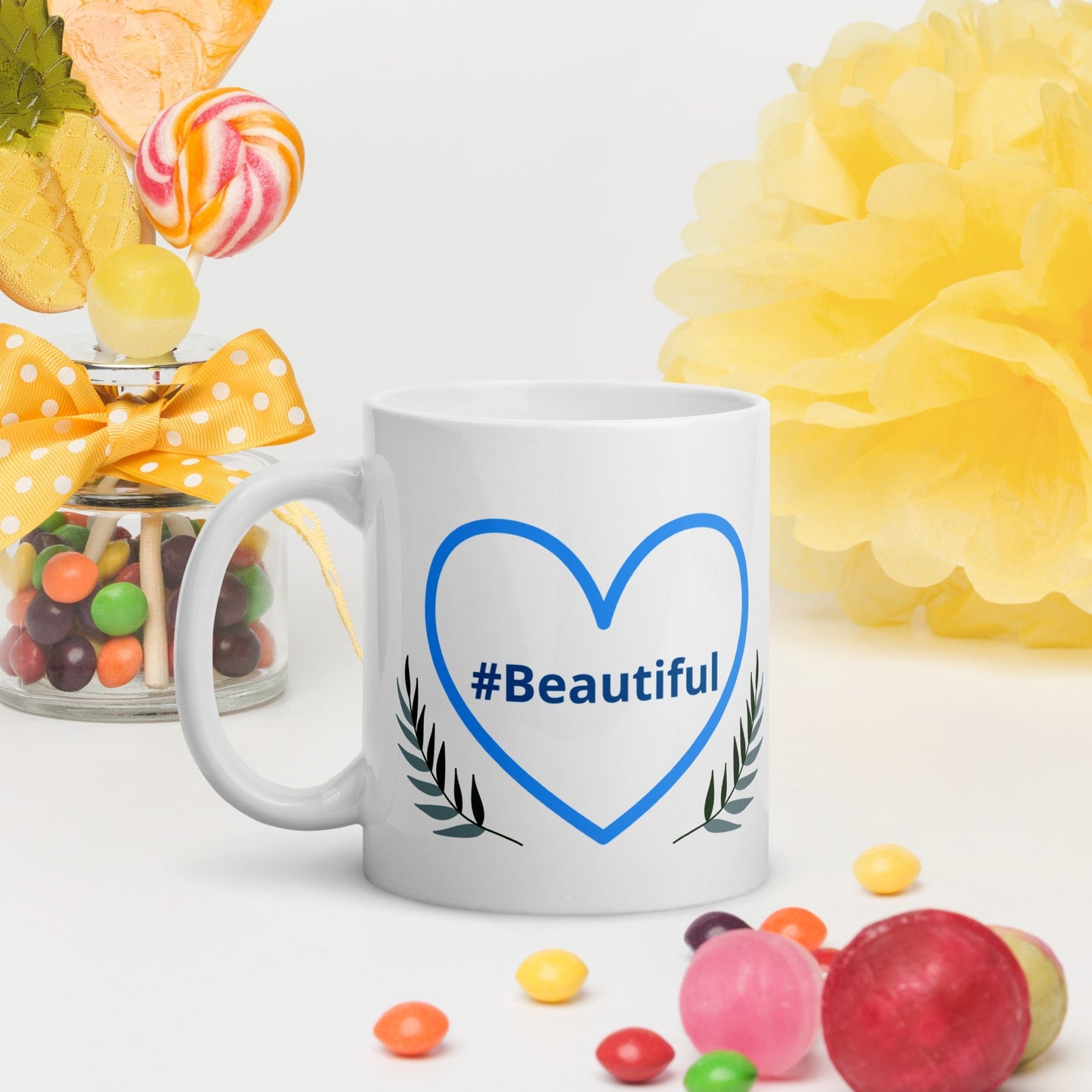 #Beautiful Blue Heart With Leaves White Glossy Mug (11 oz, 15 oz, 20 oz) - Mugs - Discovery Co.