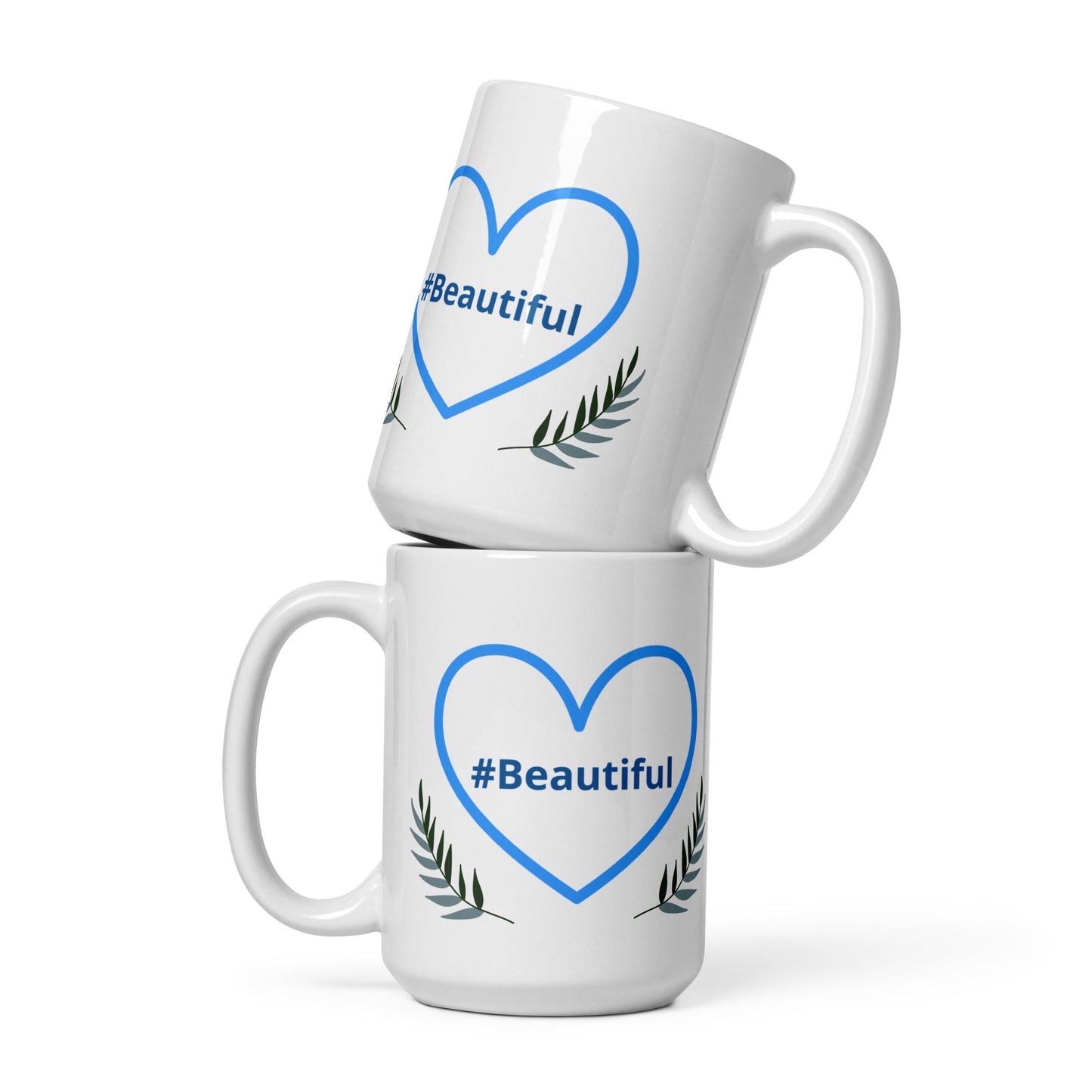 #Beautiful Blue Heart With Leaves White Glossy Mug (11 oz, 15 oz, 20 oz) - Mugs - Discovery Co.