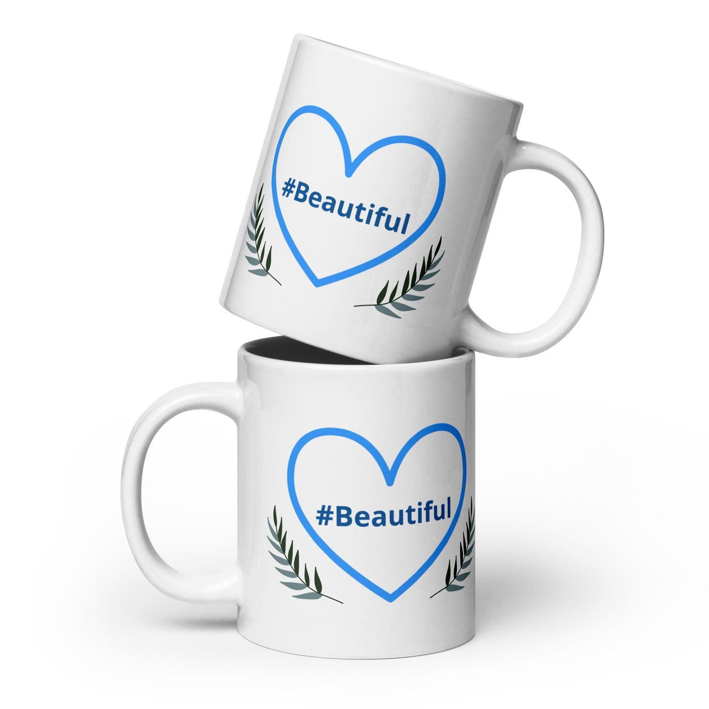 #Beautiful Blue Heart With Leaves White Glossy Mug (11 oz, 15 oz, 20 oz) - Mugs - Discovery Co.