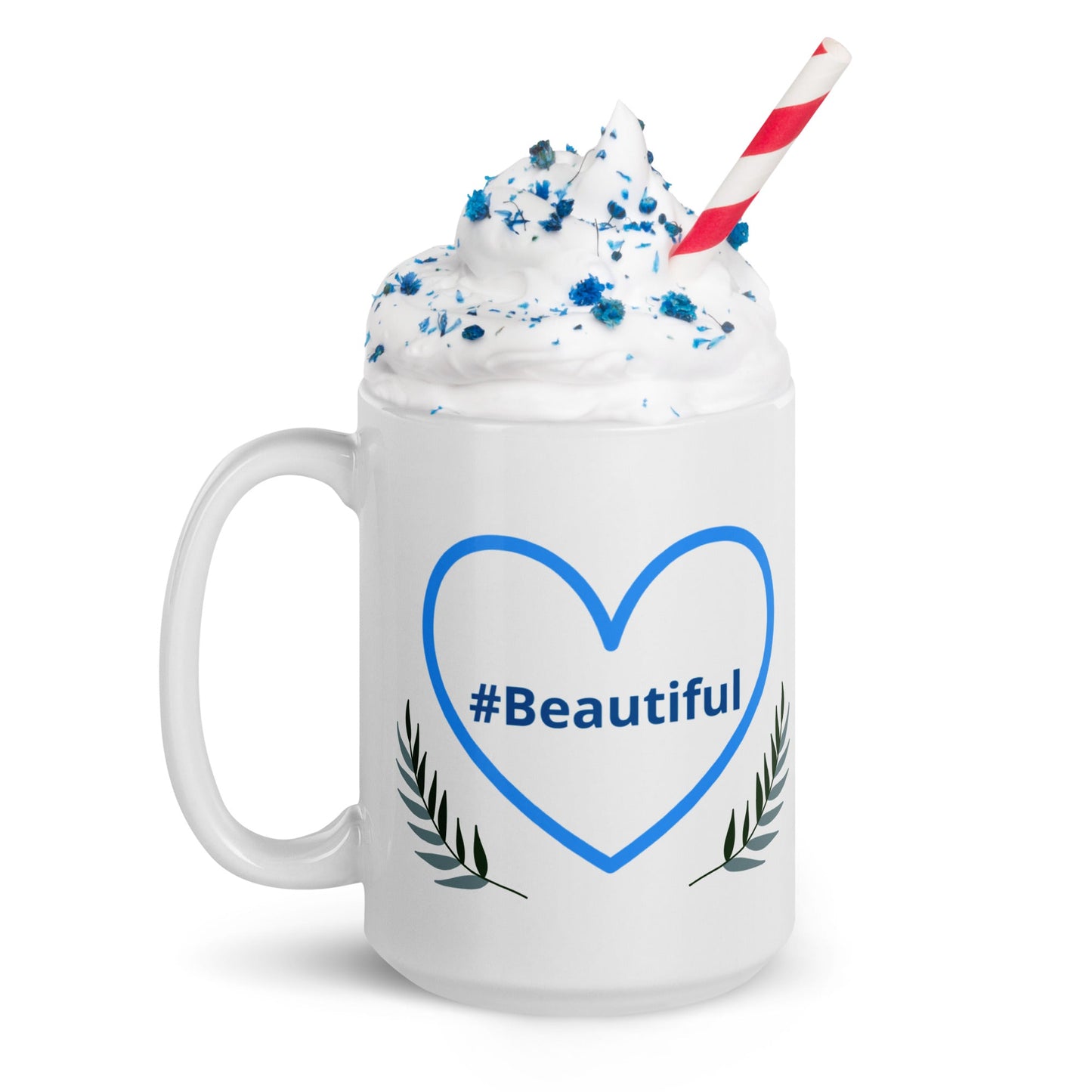 #Beautiful Blue Heart With Leaves White Glossy Mug (11 oz, 15 oz, 20 oz) - Mugs - Discovery Co.