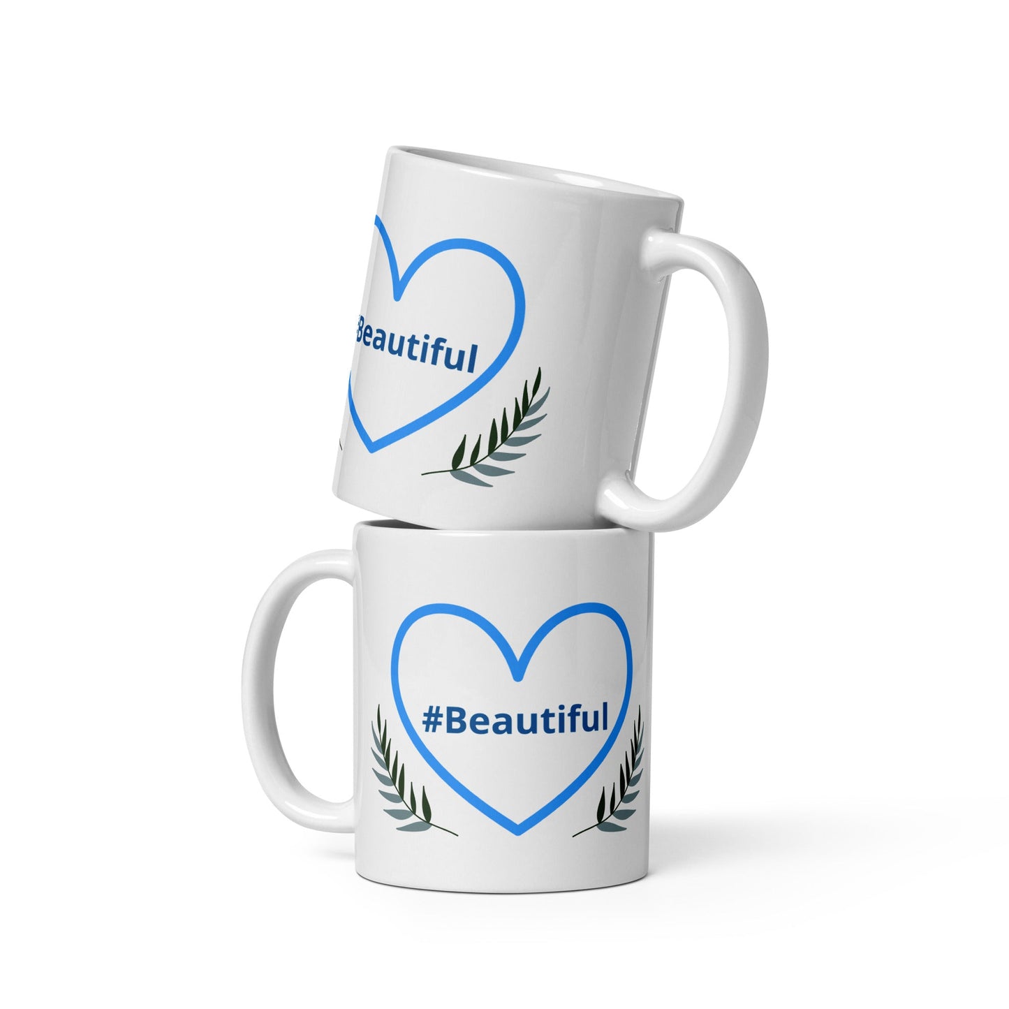 #Beautiful Blue Heart With Leaves White Glossy Mug (11 oz, 15 oz, 20 oz) - Mugs - Discovery Co.
