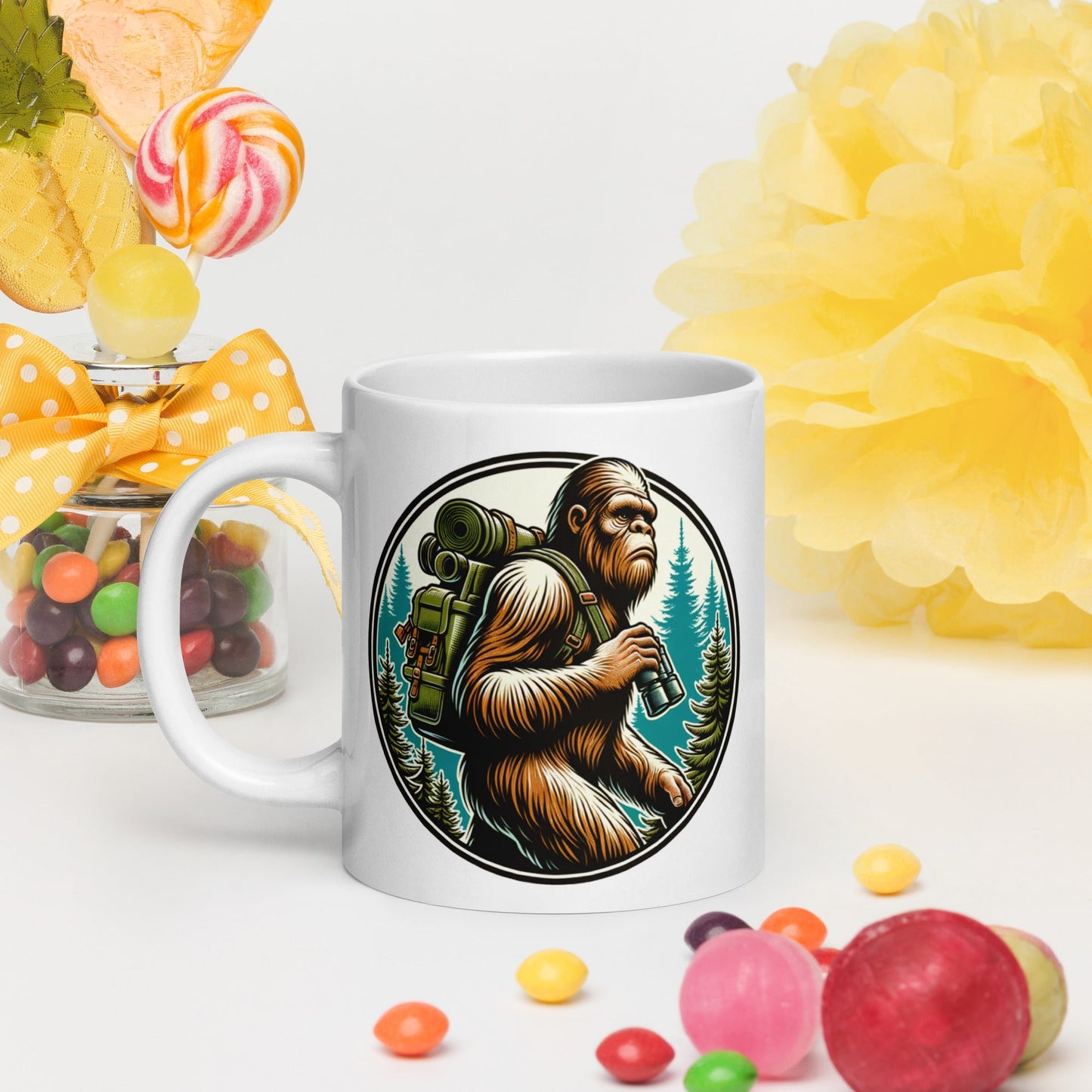 Bigfoot Hiking White Glossy Mug (11 oz, 15 oz, 20 oz) - Mugs - Discovery Co.