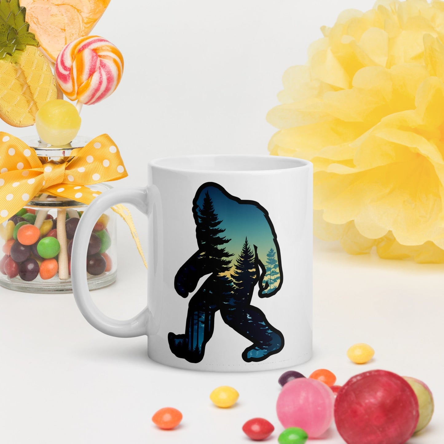 Bigfoot Sunset Forest White Glossy Mug (11 oz, 15 oz, 20 oz) - Mugs - Discovery Co.
