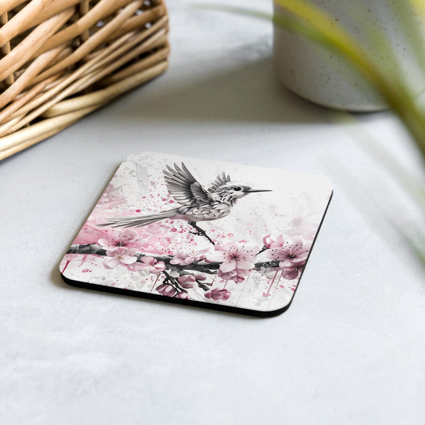Bird In Cherry Blossom Branch Cork - back Coaster - Coasters - Discovery Co.
