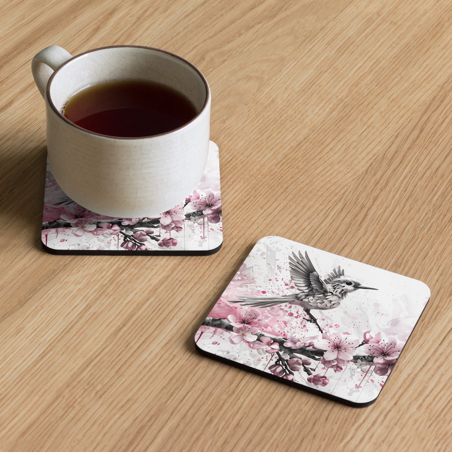 Bird In Cherry Blossom Branch Cork - back Coaster - Coasters - Discovery Co.