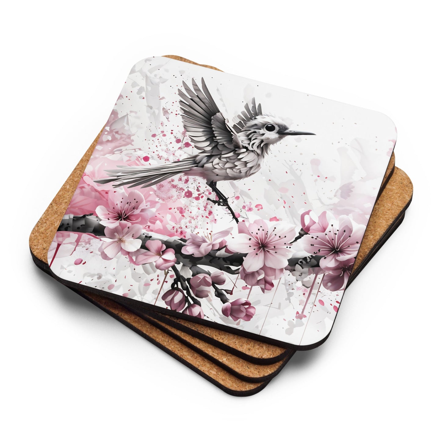 Bird In Cherry Blossom Branch Cork - back Coaster - Coasters - Discovery Co.
