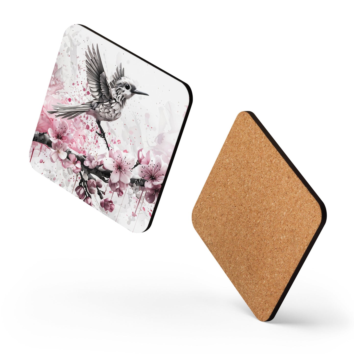 Bird In Cherry Blossom Branch Cork - back Coaster - Coasters - Discovery Co.