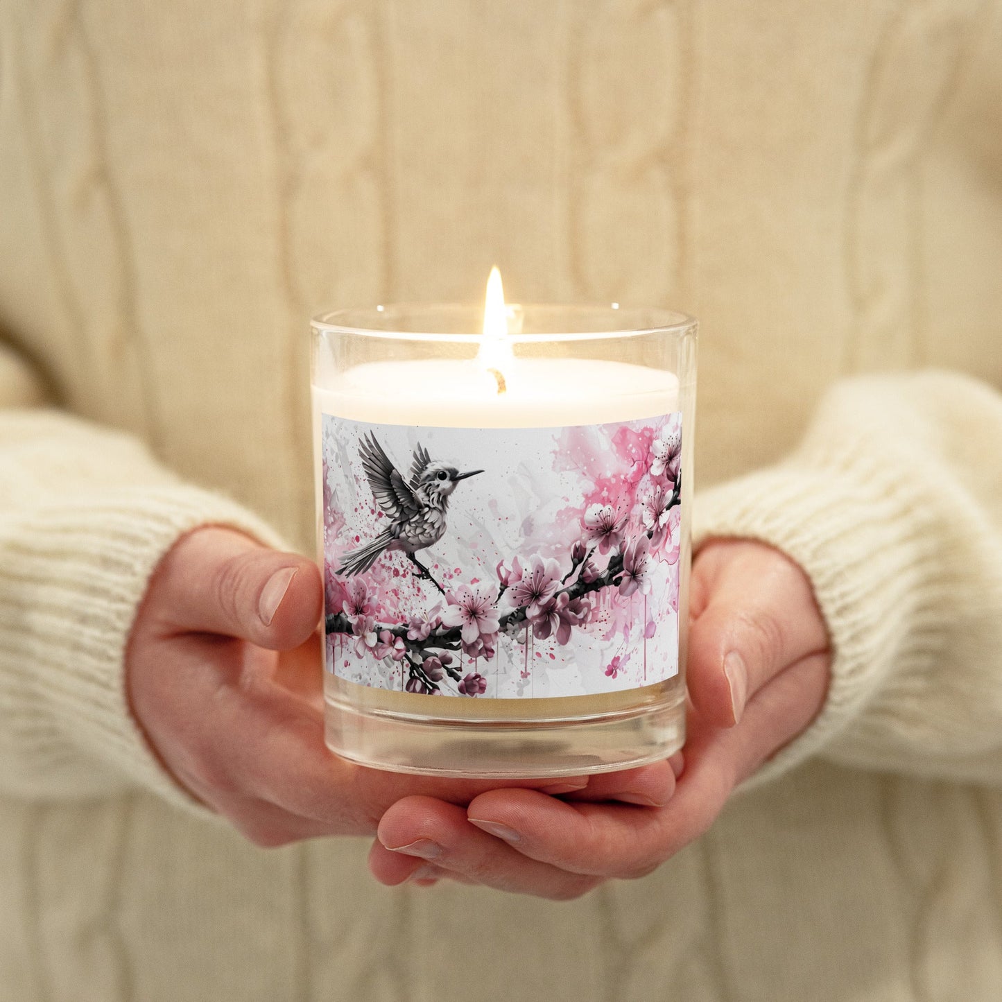 Bird On Cherry Blossom Branch Glass Jar Soy Wax Candle - Candles - Discovery Co.