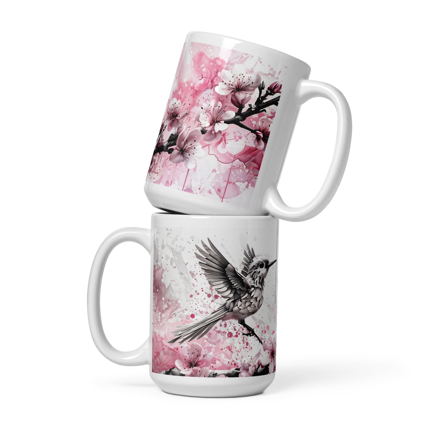 Bird On Cherry Blossom Branch White Glossy Mug (11 oz, 15 oz, 20 oz) - Mugs - Discovery Co.