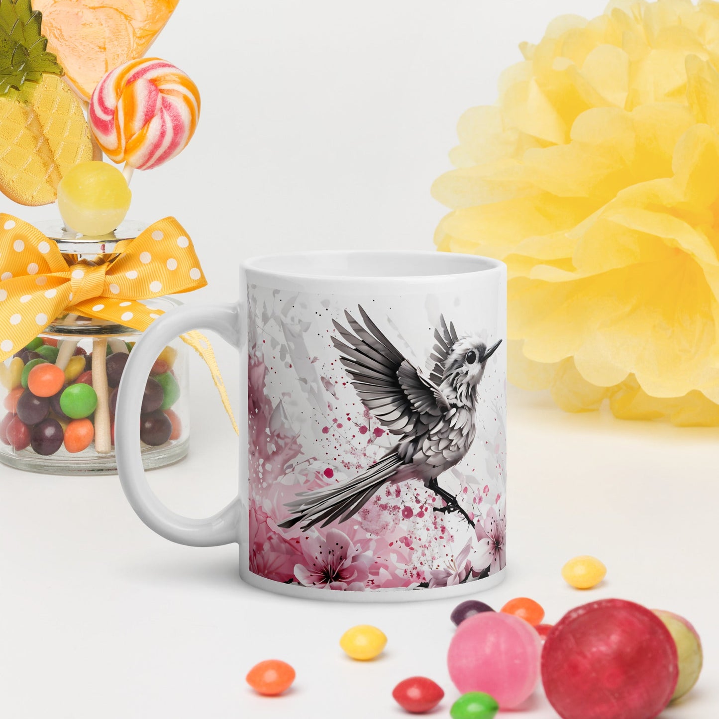 Bird On Cherry Blossom Branch White Glossy Mug (11 oz, 15 oz, 20 oz) - Mugs - Discovery Co.
