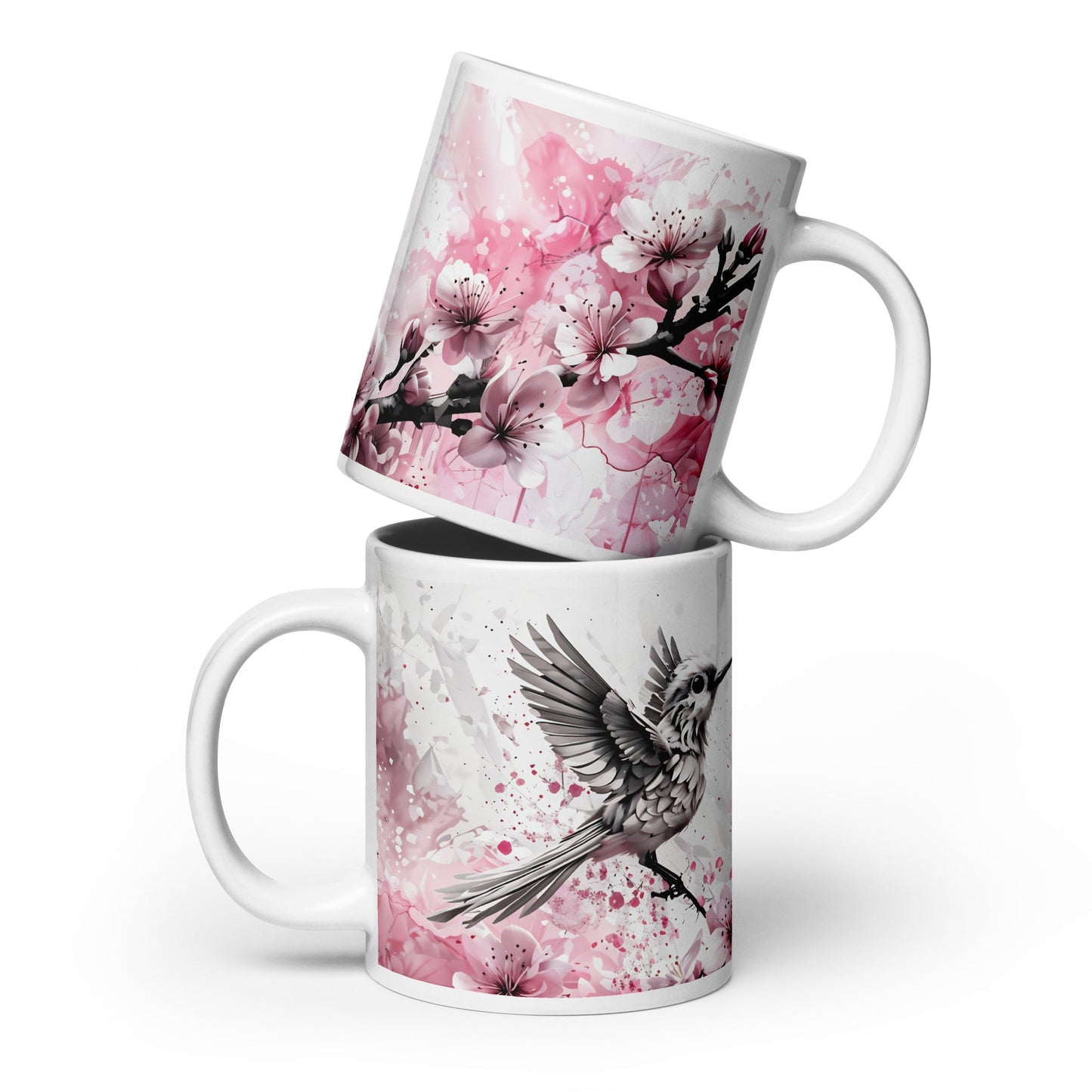 Bird On Cherry Blossom Branch White Glossy Mug (11 oz, 15 oz, 20 oz) - Mugs - Discovery Co.