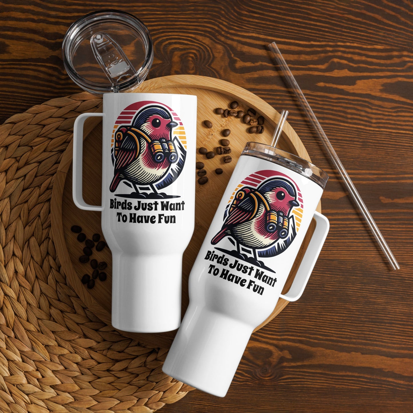 Birds Just Want To Have Fun Travel Mug With Handle (25 oz and 40 oz) - Travel Mug - Discovery Co.