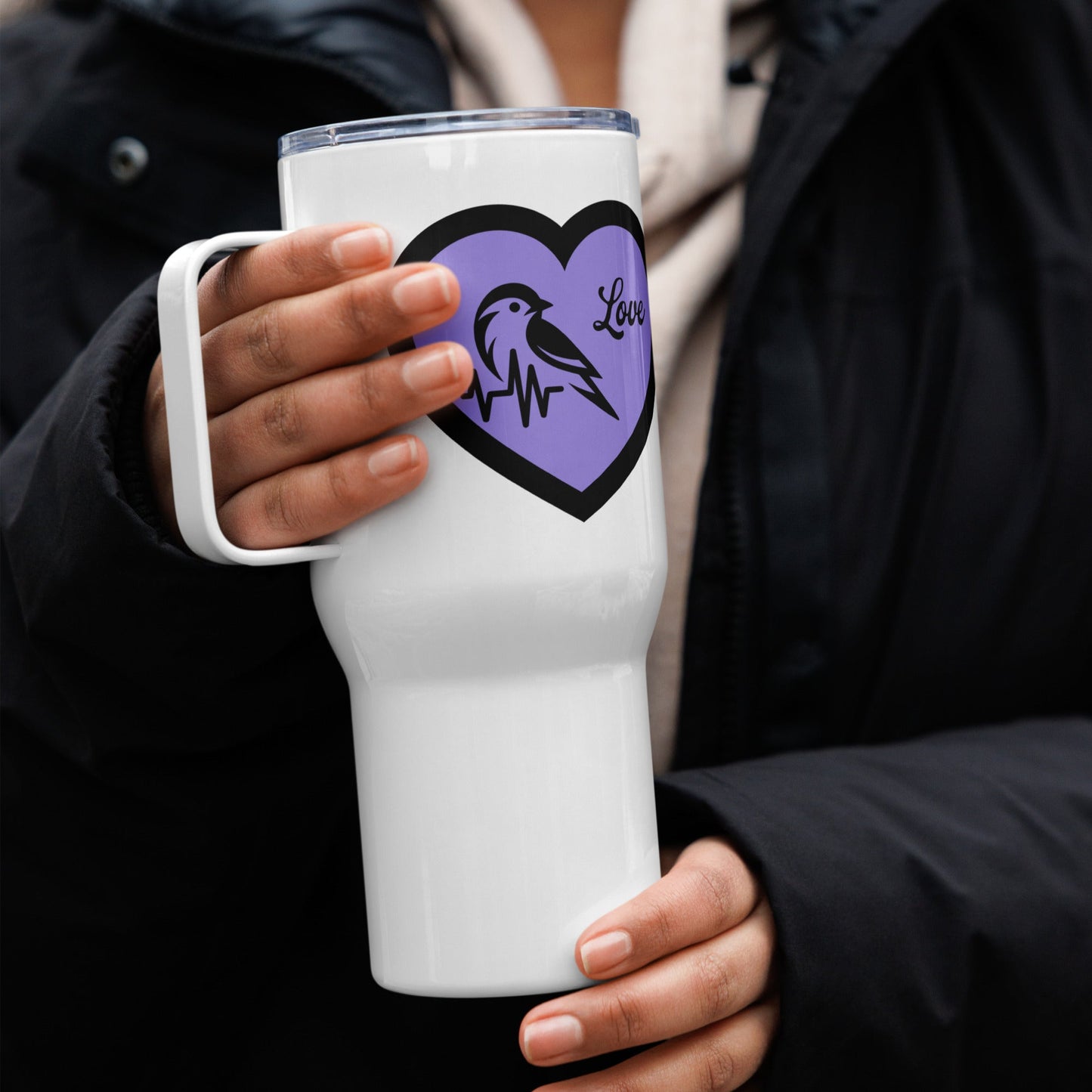 Black Bird Heartbeat II Travel Mug With Handle (25 oz and 40 oz) - Travel Mug - Discovery Co.