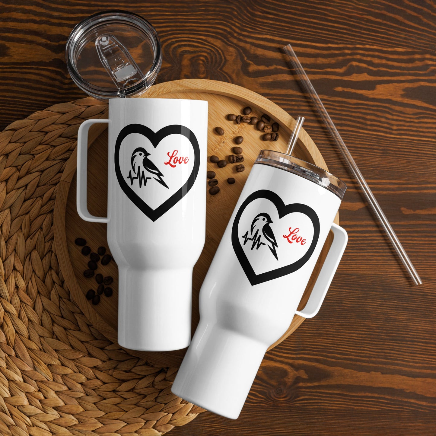 Black Bird Heartbeat Travel Mug With Handle (25 oz and 40 oz) - Travel Mug - Discovery Co.