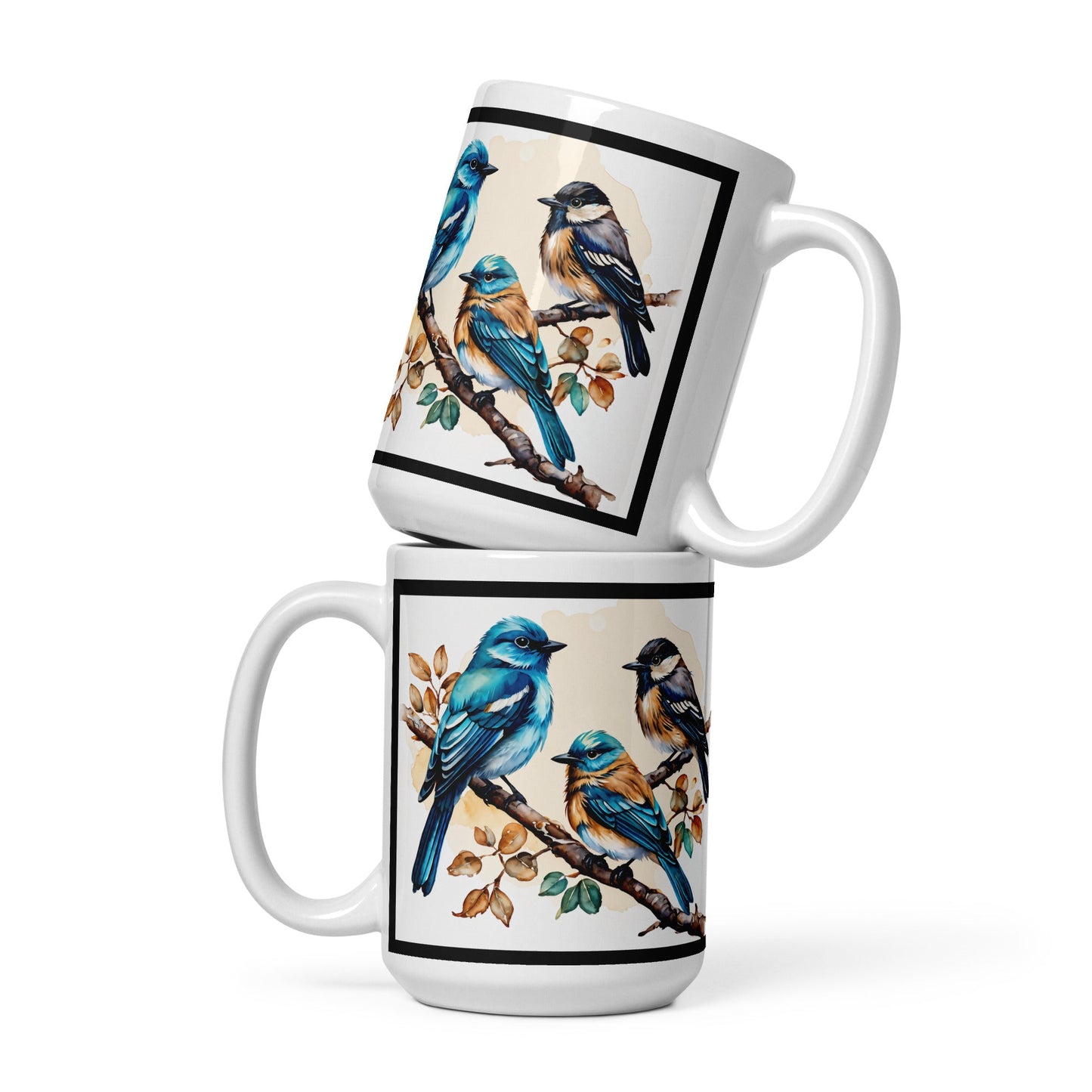 Black Outlined Watercolor Birds White Glossy Mug (11 oz, 15 oz, 20 oz) - Mugs - Discovery Co.