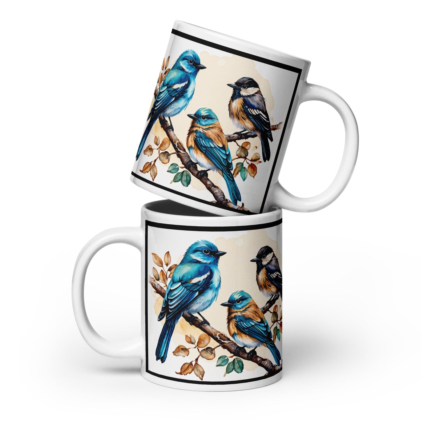 Black Outlined Watercolor Birds White Glossy Mug (11 oz, 15 oz, 20 oz) - Mugs - Discovery Co.
