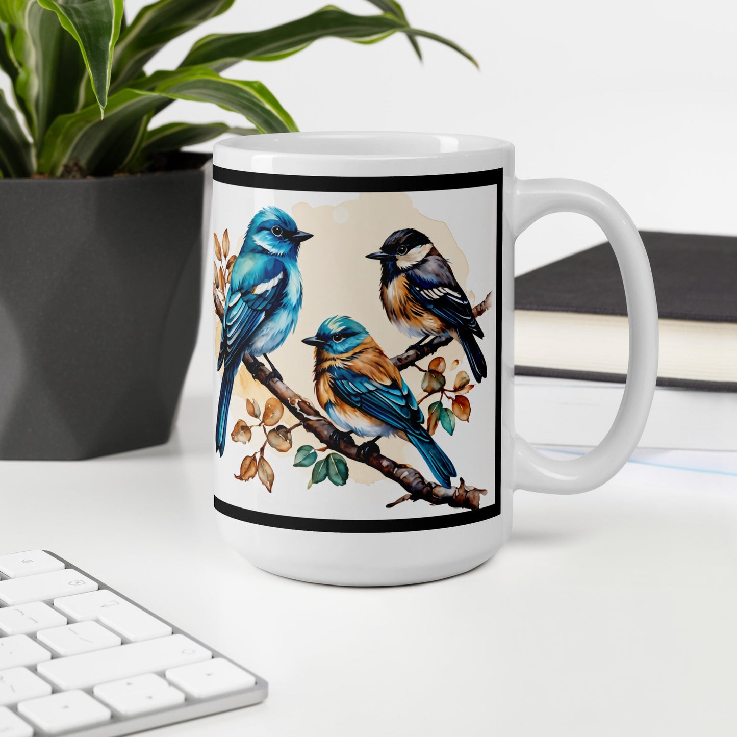 Black Outlined Watercolor Birds White Glossy Mug (11 oz, 15 oz, 20 oz) - Mugs - Discovery Co.