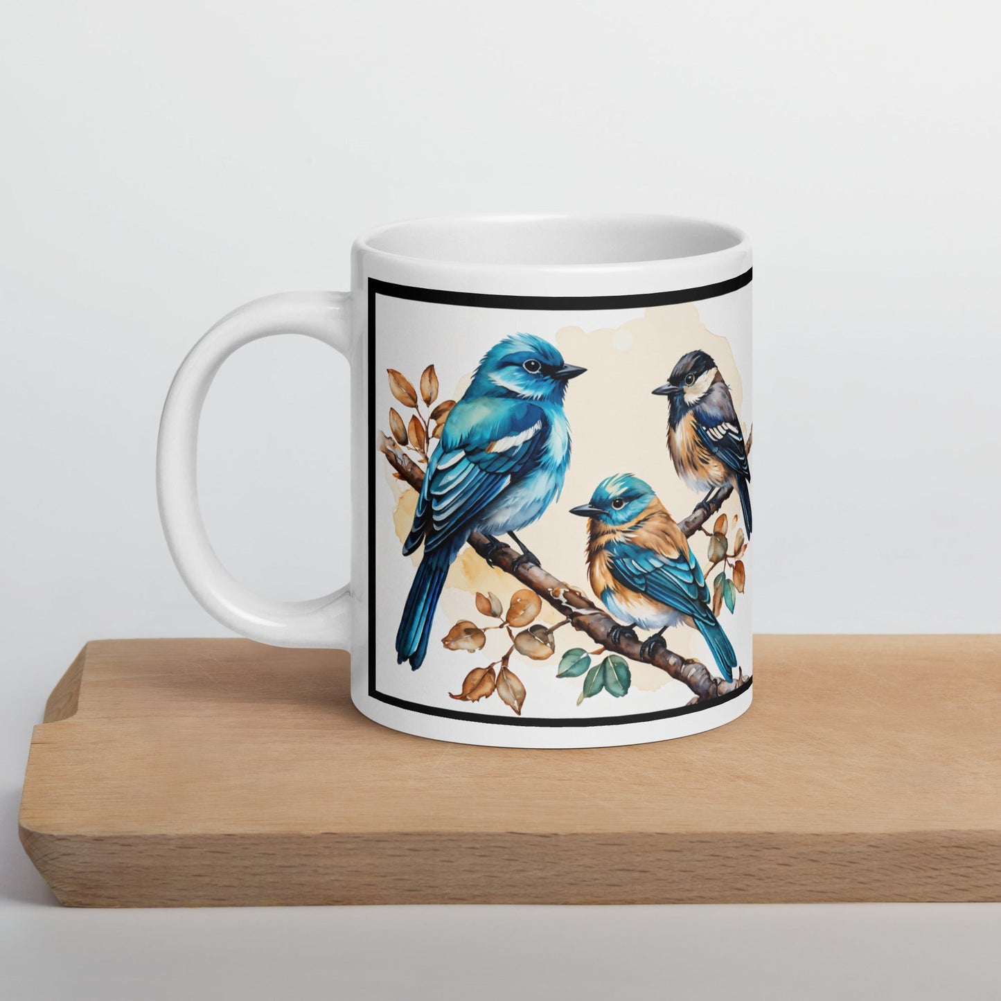 Black Outlined Watercolor Birds White Glossy Mug (11 oz, 15 oz, 20 oz) - Mugs - Discovery Co.