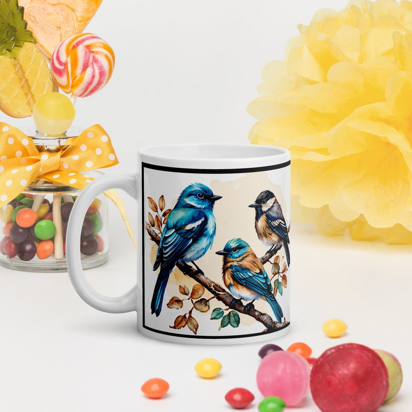 Black Outlined Watercolor Birds White Glossy Mug (11 oz, 15 oz, 20 oz) - Mugs - Discovery Co.