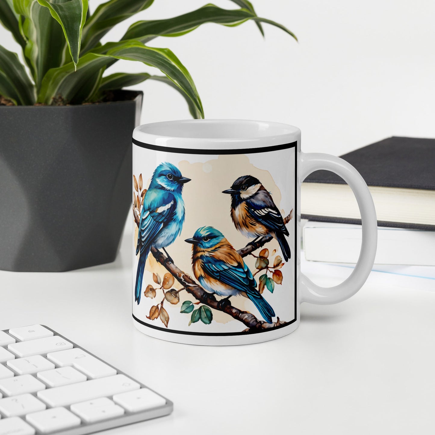 Black Outlined Watercolor Birds White Glossy Mug (11 oz, 15 oz, 20 oz) - Mugs - Discovery Co.