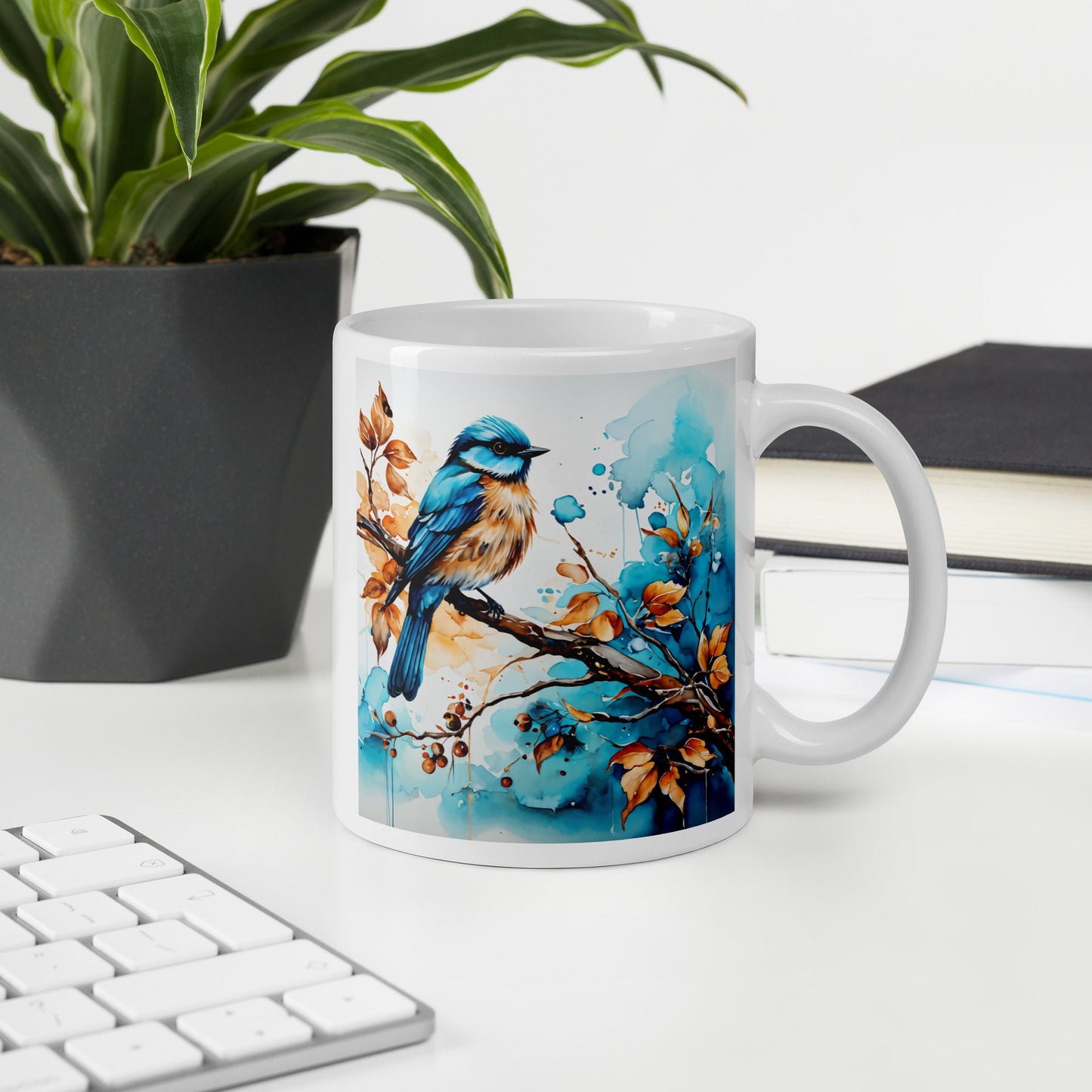 Blue and Tan Bird Perched White Glossy Mug (11 oz, 15 oz, 20 oz) - Mugs - Discovery Co.