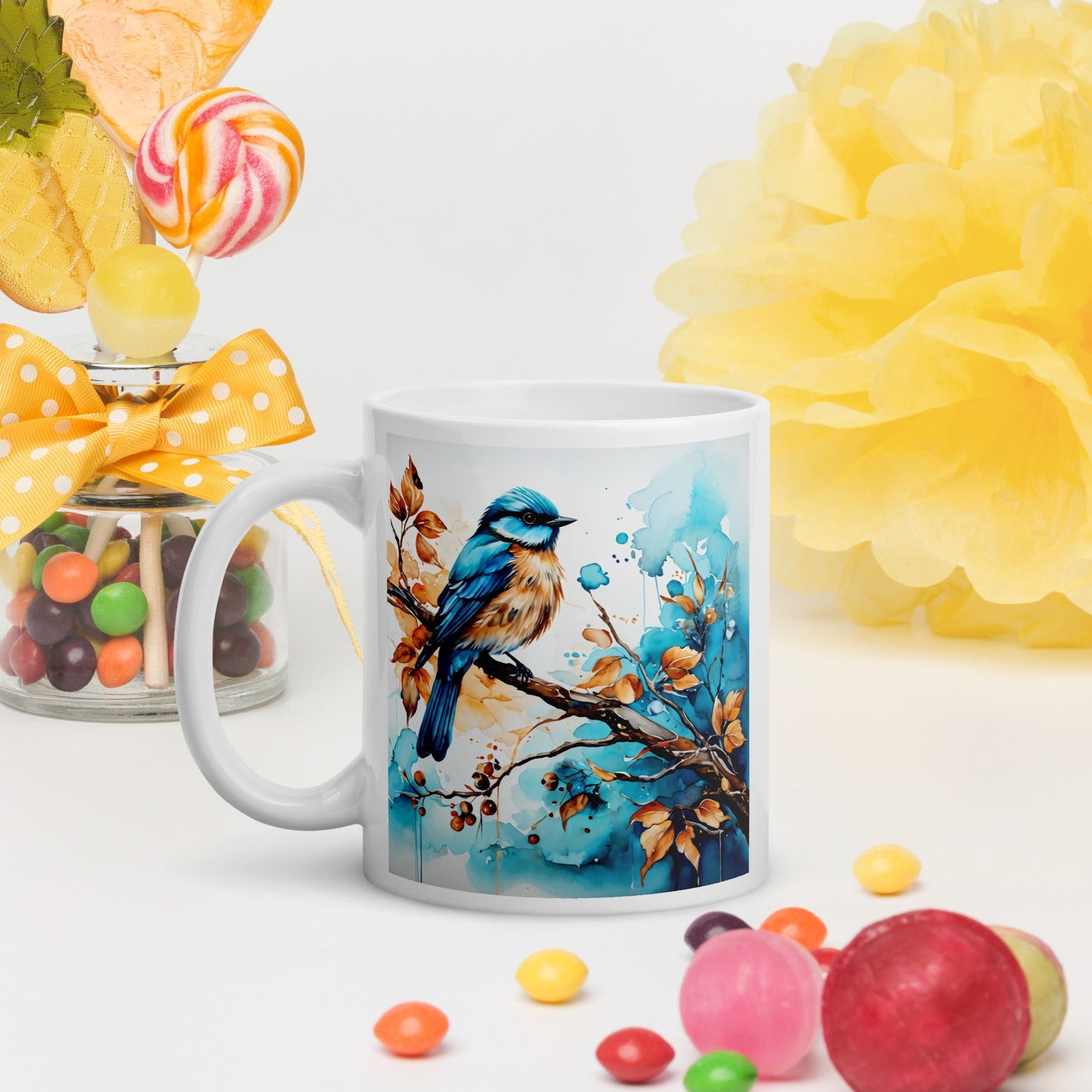 Blue and Tan Bird Perched White Glossy Mug (11 oz, 15 oz, 20 oz) - Mugs - Discovery Co.