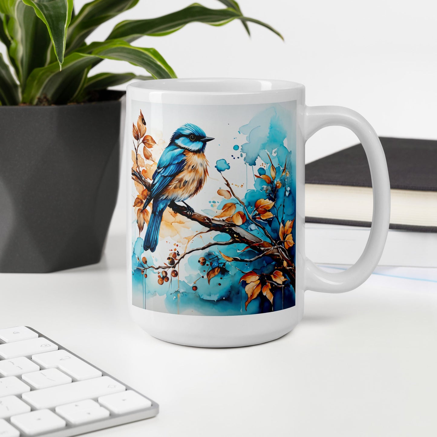 Blue and Tan Bird Perched White Glossy Mug (11 oz, 15 oz, 20 oz) - Mugs - Discovery Co.