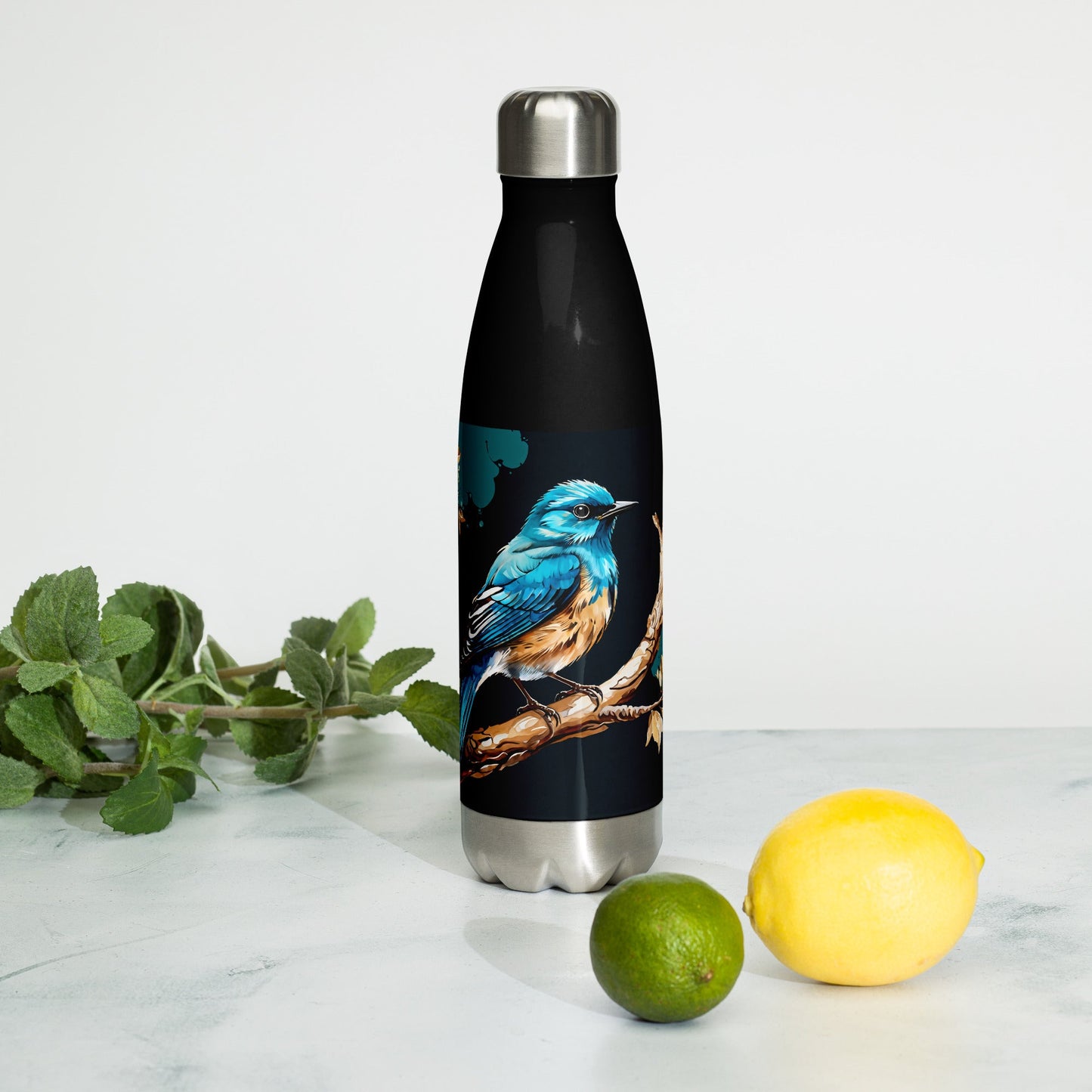 Blue and Tan Bird Watercolor Art Stainless Steel Water Bottle - Stainless Steel Water Bottle - Discovery Co.