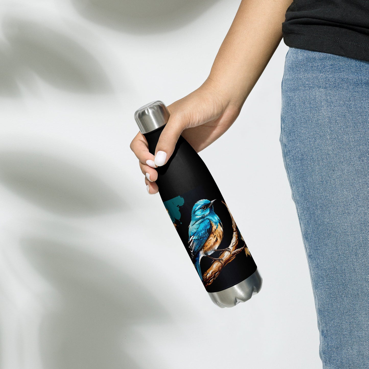 Blue and Tan Bird Watercolor Art Stainless Steel Water Bottle - Stainless Steel Water Bottle - Discovery Co.