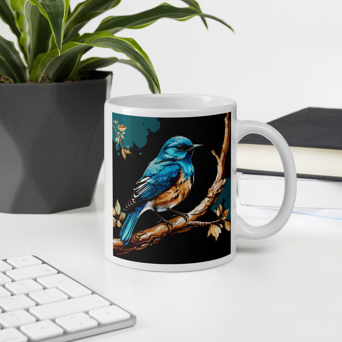 Blue and Tan Bird White Glossy Mug (11 oz, 15 oz, 20 oz) - Mugs - Discovery Co.