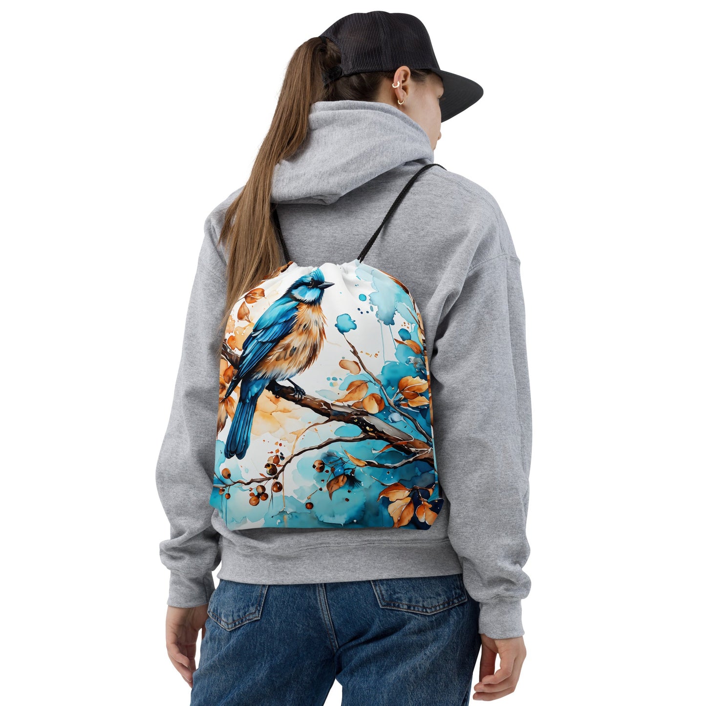 Blue and Tan Birds Watercolor Art 2 Drawstring Bag - Drawstring Bag - Discovery Co.