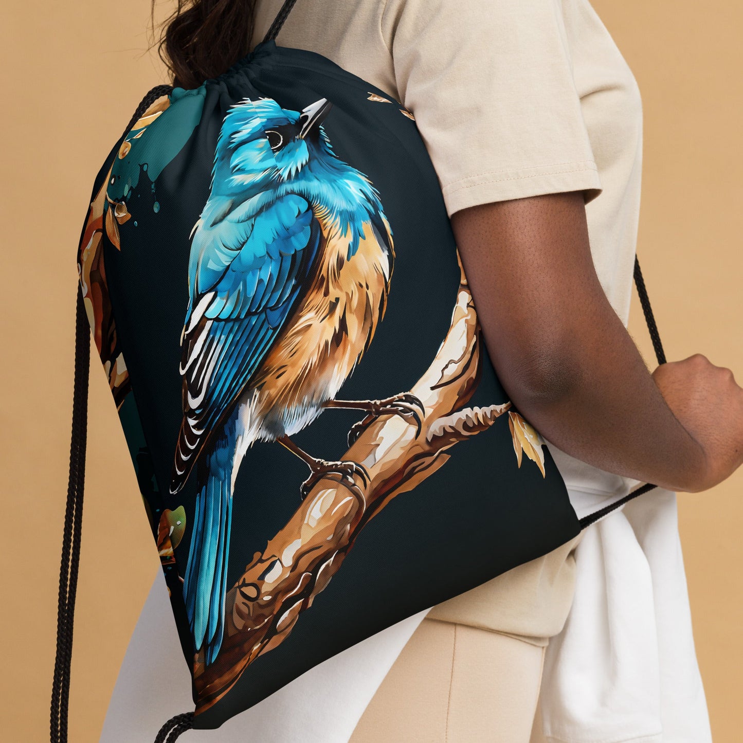Blue and Tan Birds Watercolor Art Drawstring Bag - Drawstring Bag - Discovery Co.