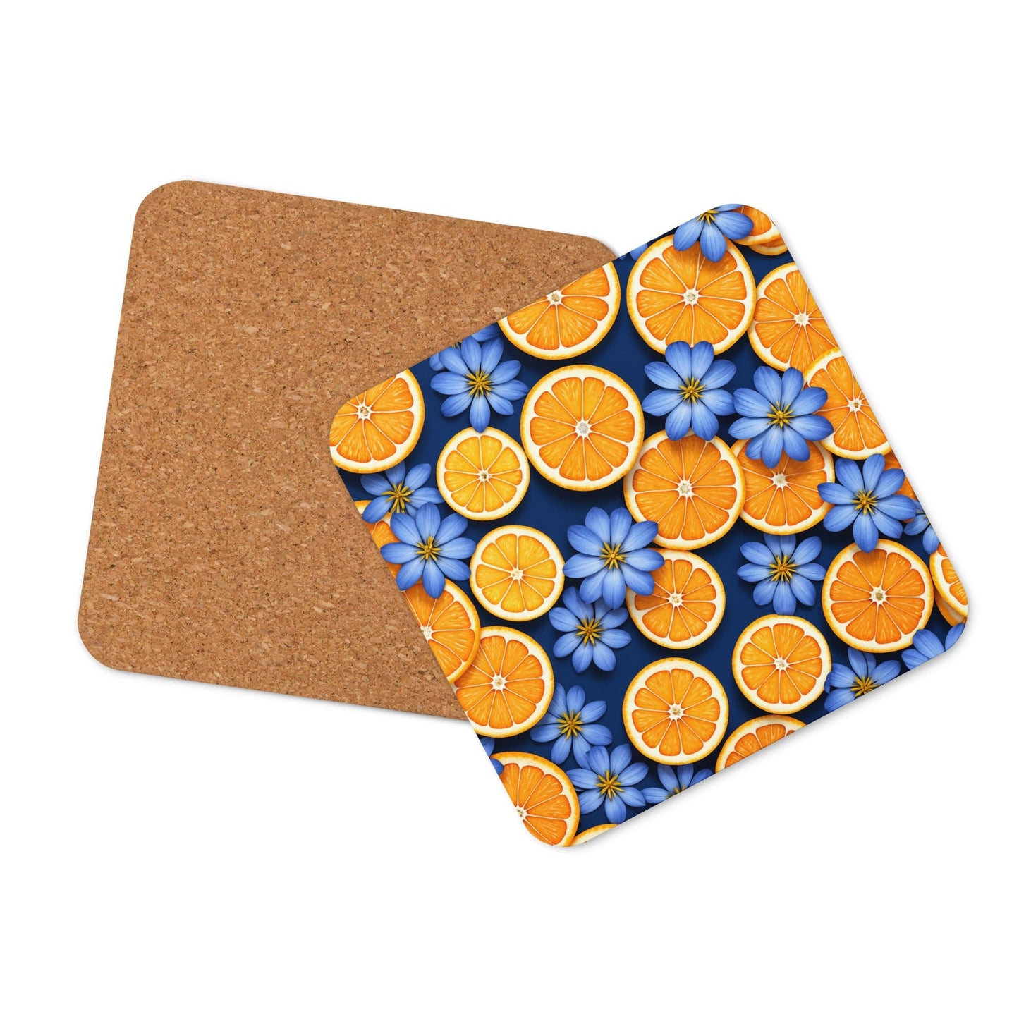 Blue Flowers and Oranges Cork - back Coaster - Coasters - Discovery Co.
