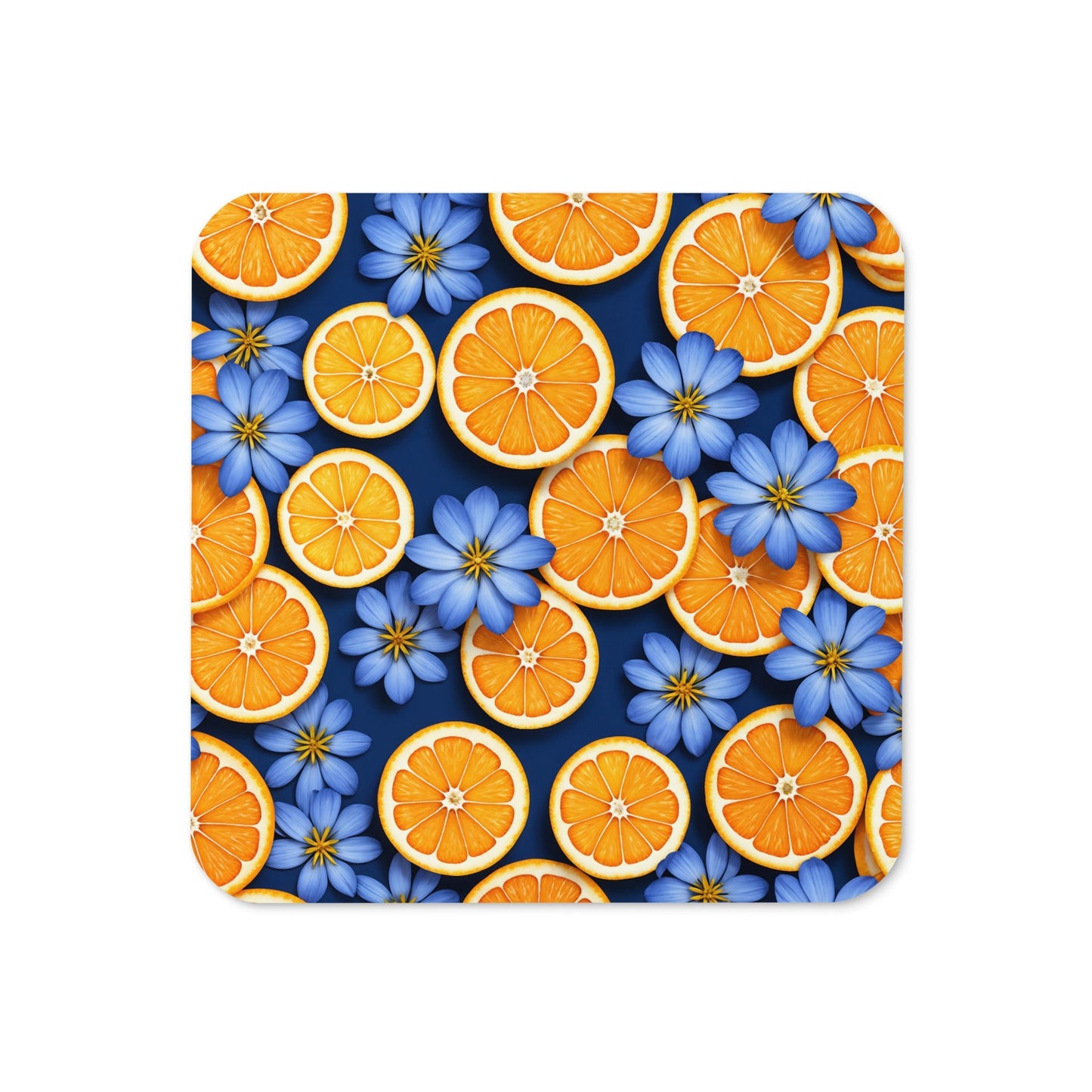 Blue Flowers and Oranges Cork - back Coaster - Coasters - Discovery Co.