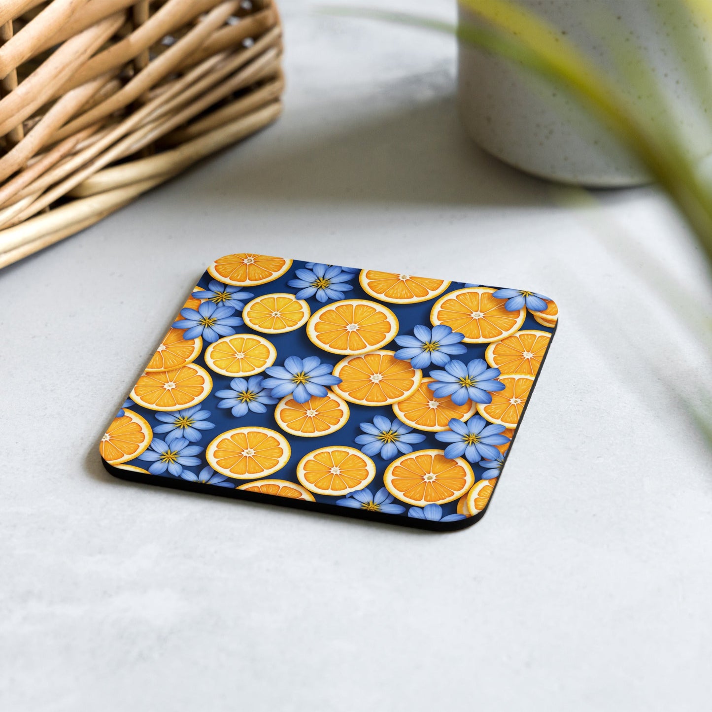 Blue Flowers and Oranges Cork - back Coaster - Coasters - Discovery Co.