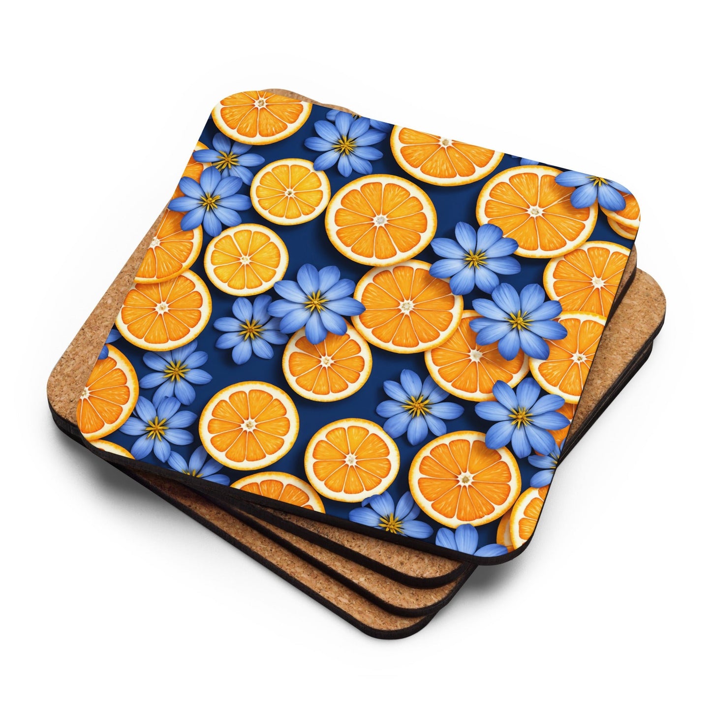Blue Flowers and Oranges Cork - back Coaster - Coasters - Discovery Co.