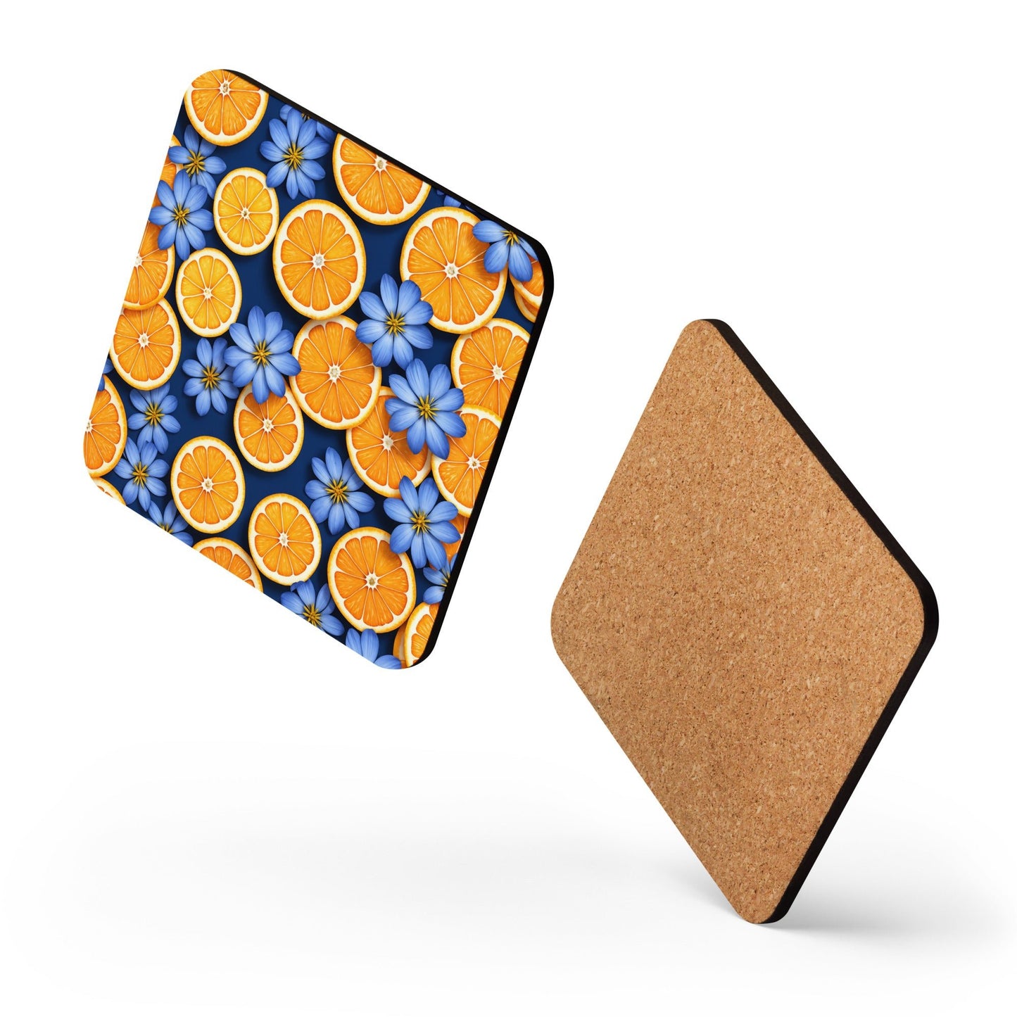 Blue Flowers and Oranges Cork - back Coaster - Coasters - Discovery Co.
