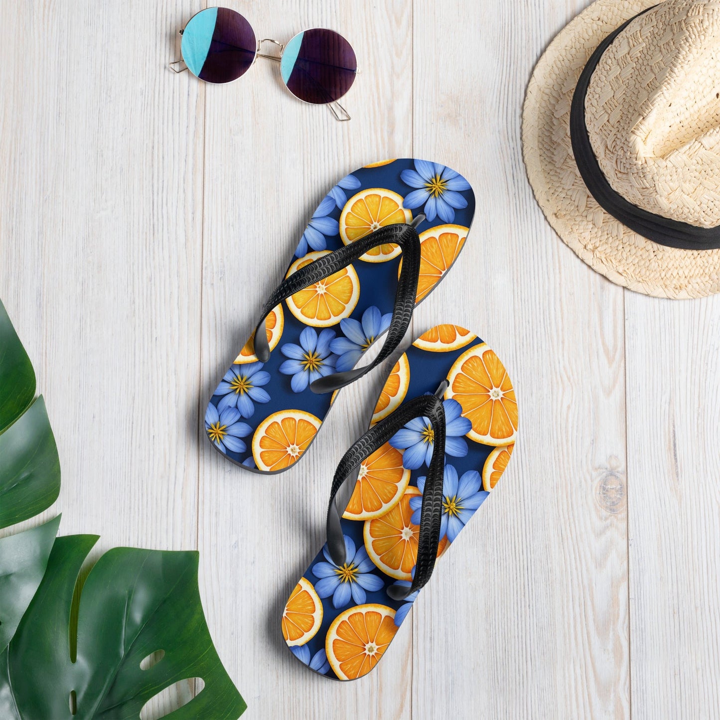Blue Flowers And Oranges Flip - Flops - Footwear - Discovery Co.