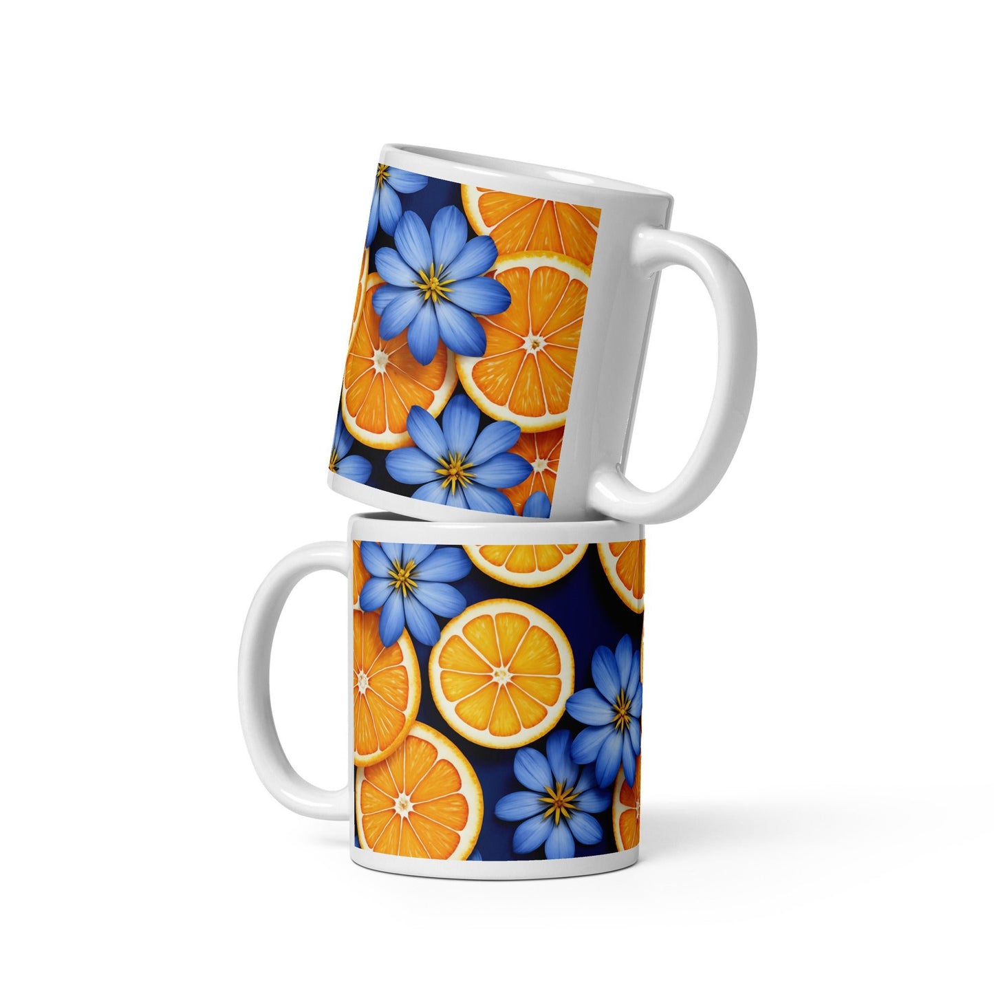 Blue Flowers and Oranges White Glossy Mug (11 oz, 15 oz, 20 oz) - Mugs - Discovery Co.