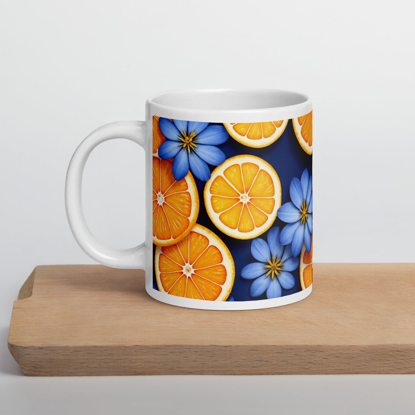 Blue Flowers and Oranges White Glossy Mug (11 oz, 15 oz, 20 oz) - Mugs - Discovery Co.