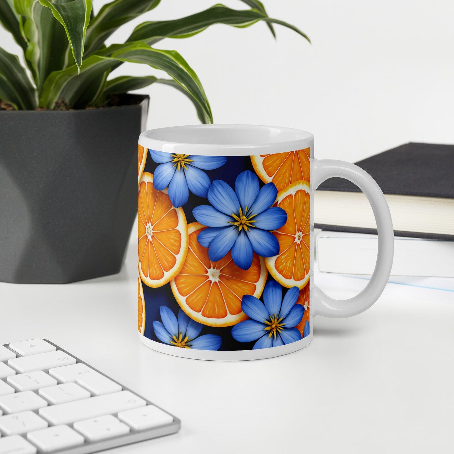 Blue Flowers and Oranges White Glossy Mug (11 oz, 15 oz, 20 oz) - Mugs - Discovery Co.