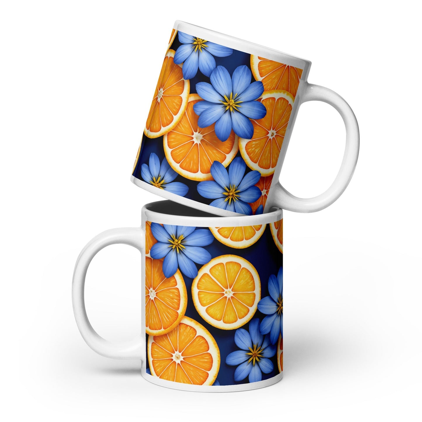 Blue Flowers and Oranges White Glossy Mug (11 oz, 15 oz, 20 oz) - Mugs - Discovery Co.