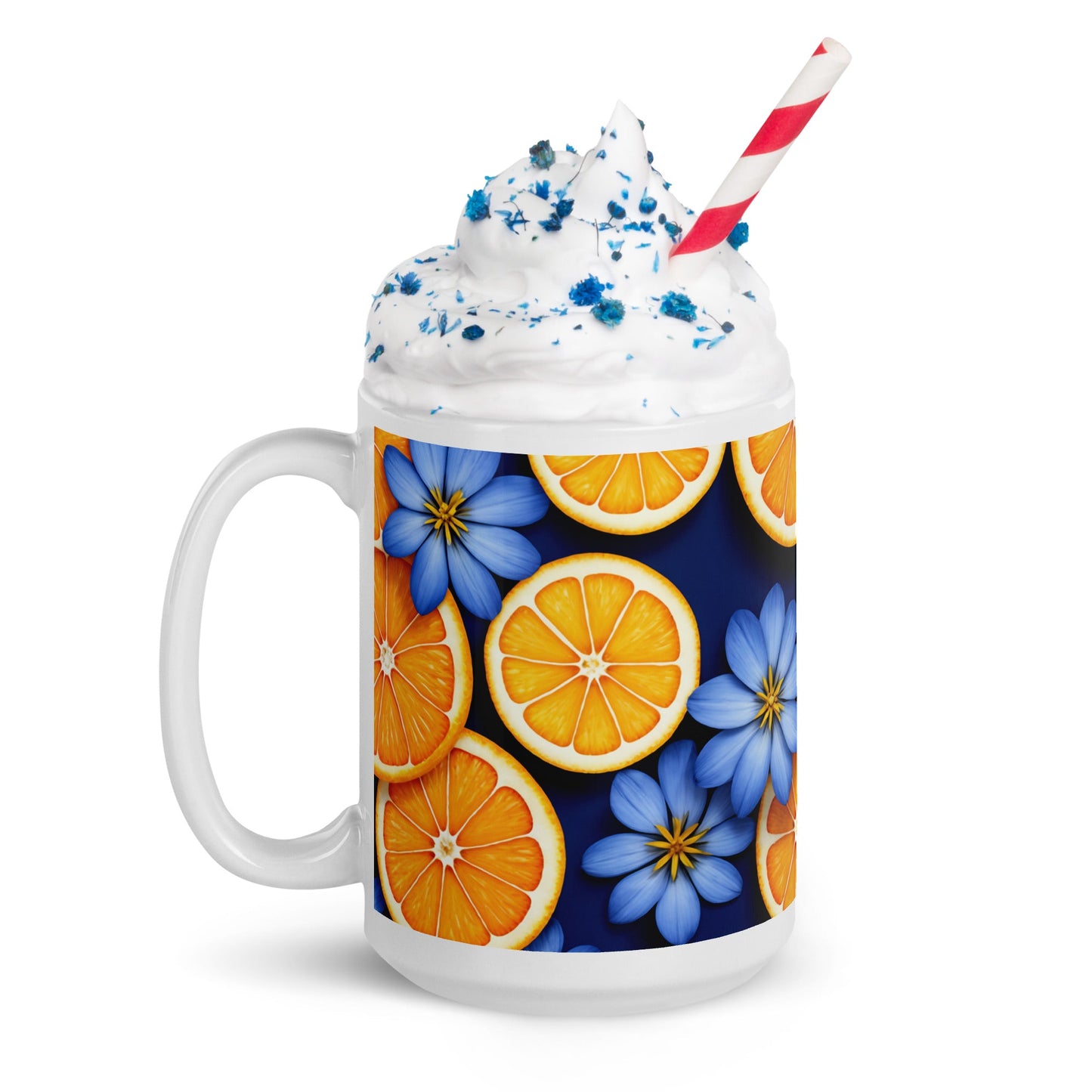 Blue Flowers and Oranges White Glossy Mug (11 oz, 15 oz, 20 oz) - Mugs - Discovery Co.