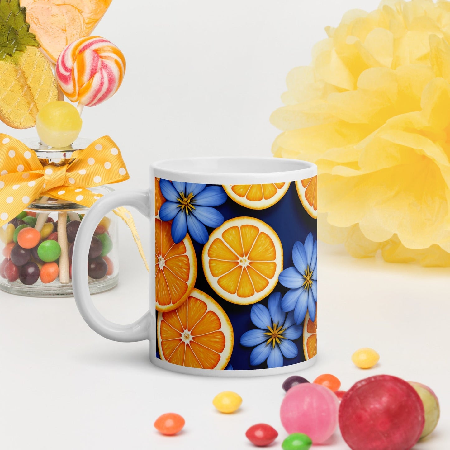 Blue Flowers and Oranges White Glossy Mug (11 oz, 15 oz, 20 oz) - Mugs - Discovery Co.