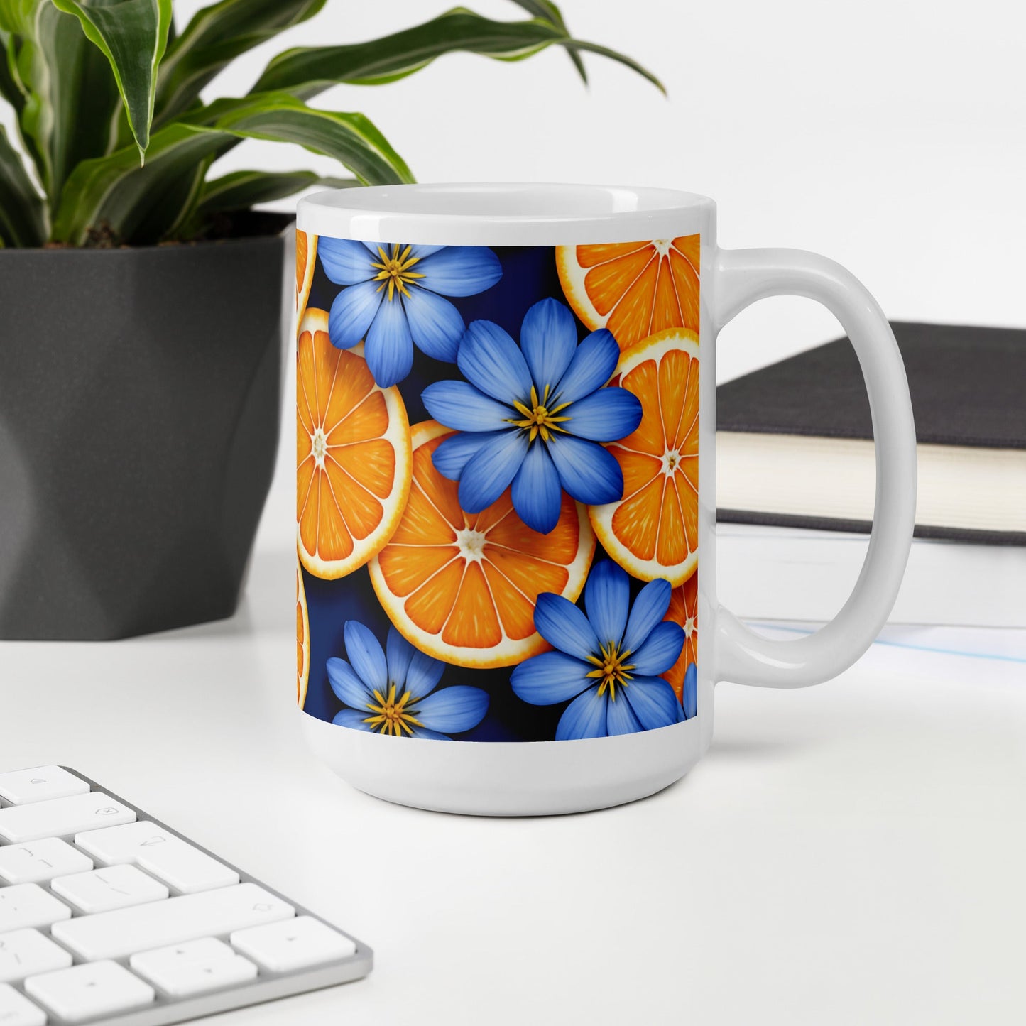 Blue Flowers and Oranges White Glossy Mug (11 oz, 15 oz, 20 oz) - Mugs - Discovery Co.