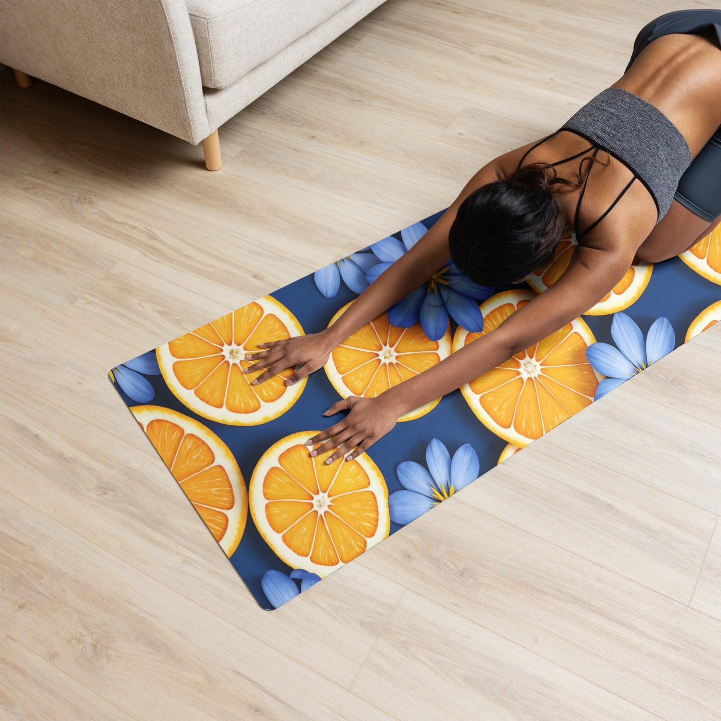 Blue Flowers And Oranges Yoga Mat - Yoga Mat - Discovery Co.