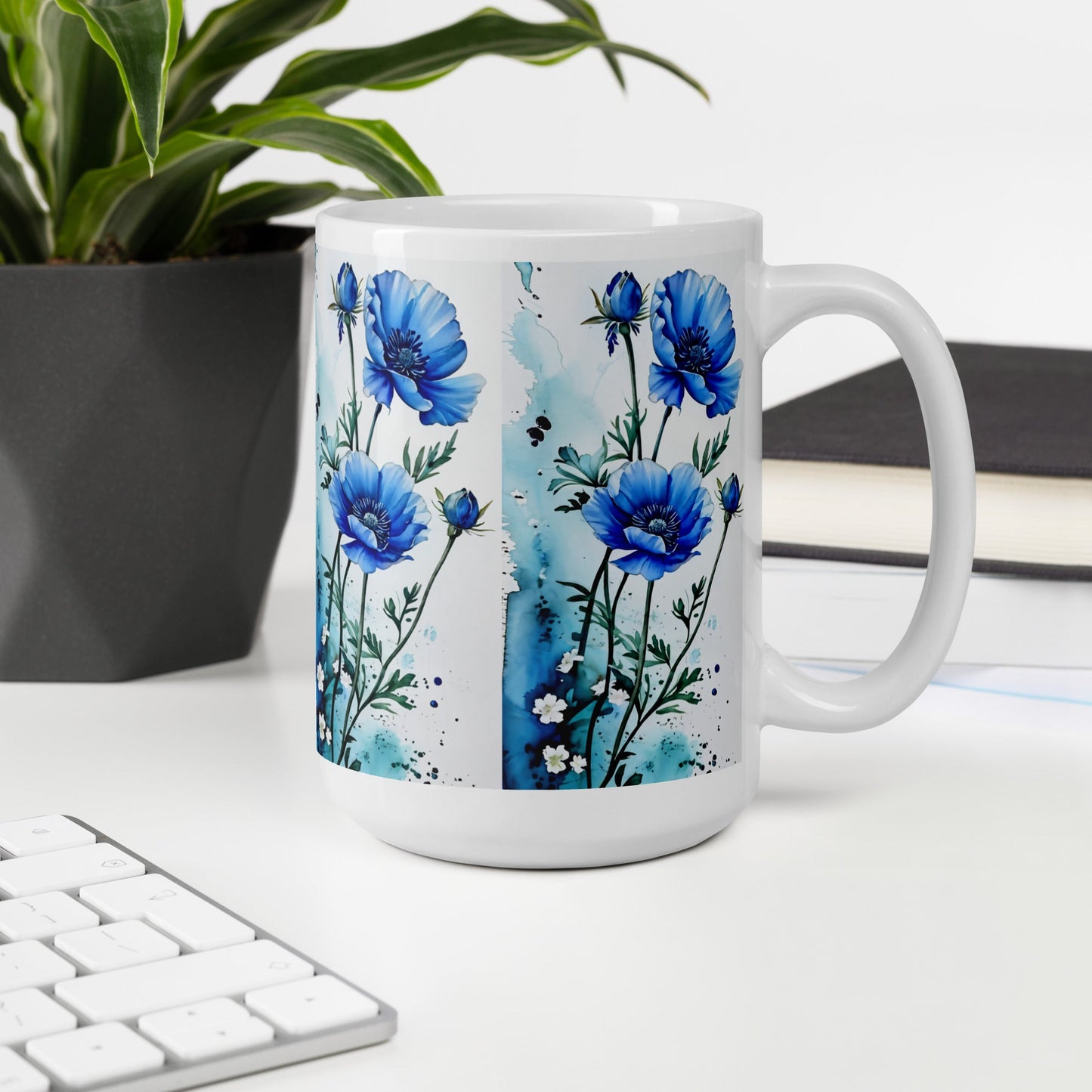 Blue Poppies White Glossy Mug (11 oz, 15 oz, 20 oz) - Mugs - Discovery Co.