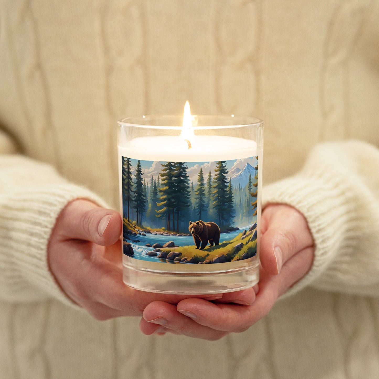 Brown Bear Near River Glass Jar Soy Wax Candle - Candles - Discovery Co.