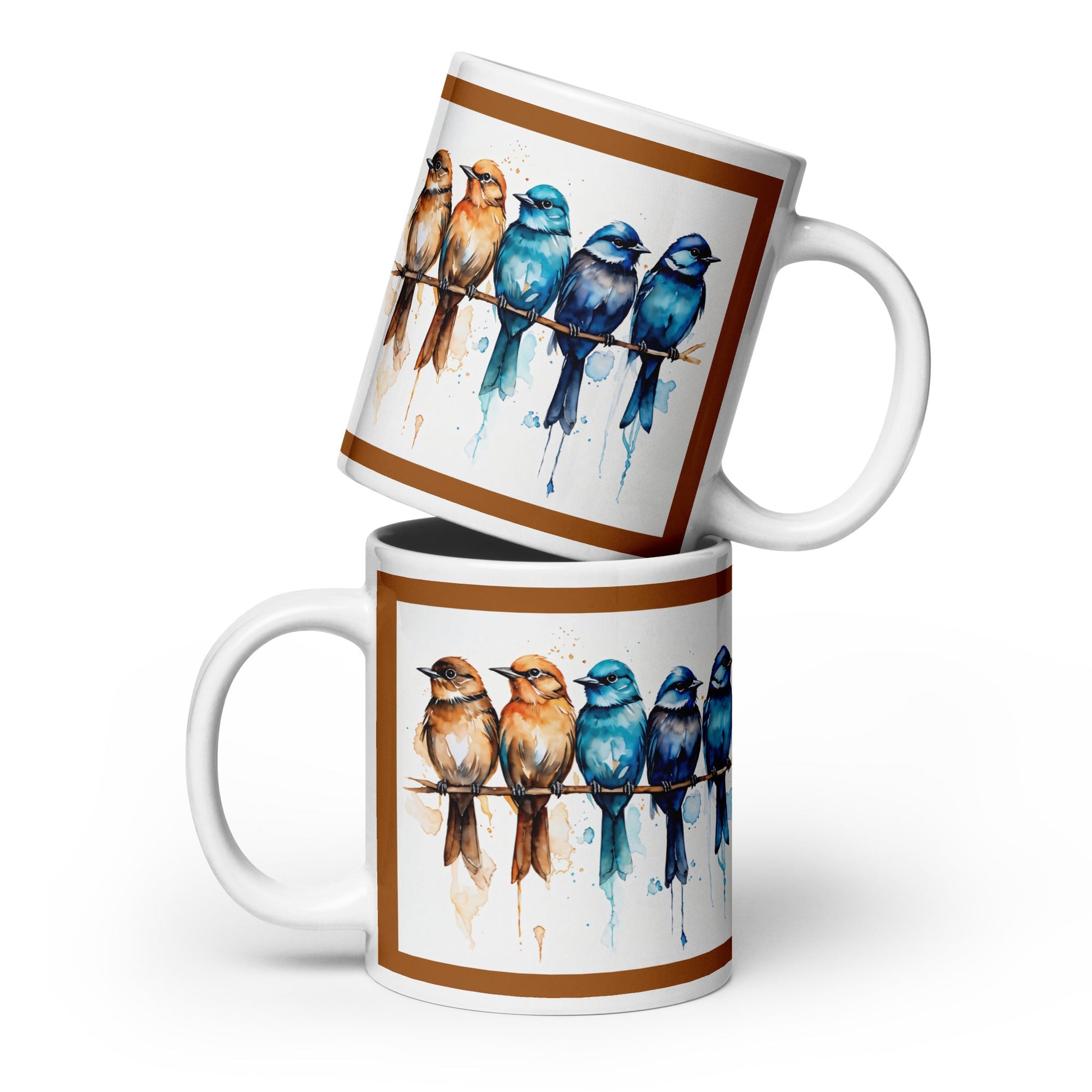 Brown Outlined Watercolor Birds White Glossy Mug (11 oz, 15 oz, 20 oz) - Mugs - Discovery Co.